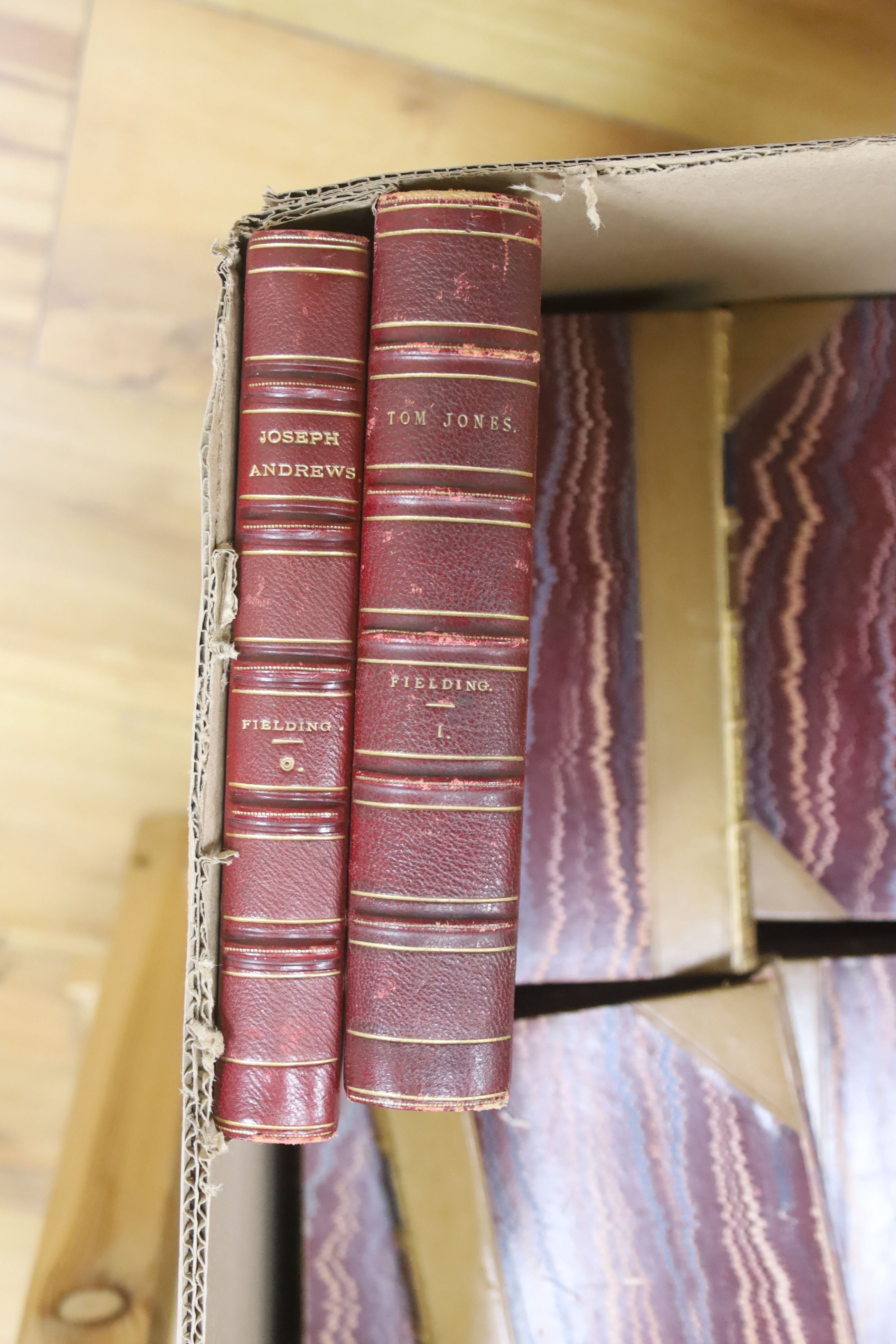 The Works of George Eliot, Cabinet Edition, Blackwood and Sons, 18 vols, gilt-tooled tan half calf and marbled boards, 8vo and a quantity of leather-bound and other literary works